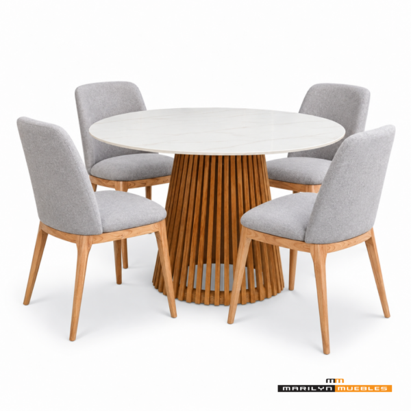 JUEGO DE COMEDOR 10 (MESA AMAZONAS 120 RED TAPA SIMIL MARMOL+ 4 SILLAS GARDENIA)